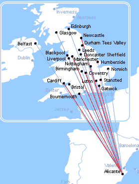Thomson Flight map to Alicante from UK airports