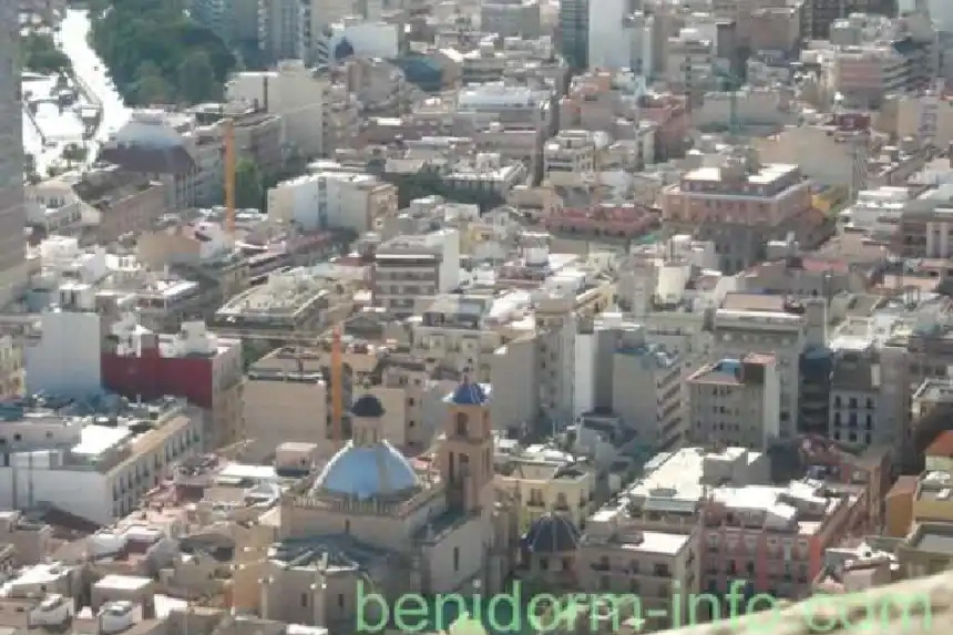 Alicante Cathedral lower centre viewed from  Santa Barbara Castle
